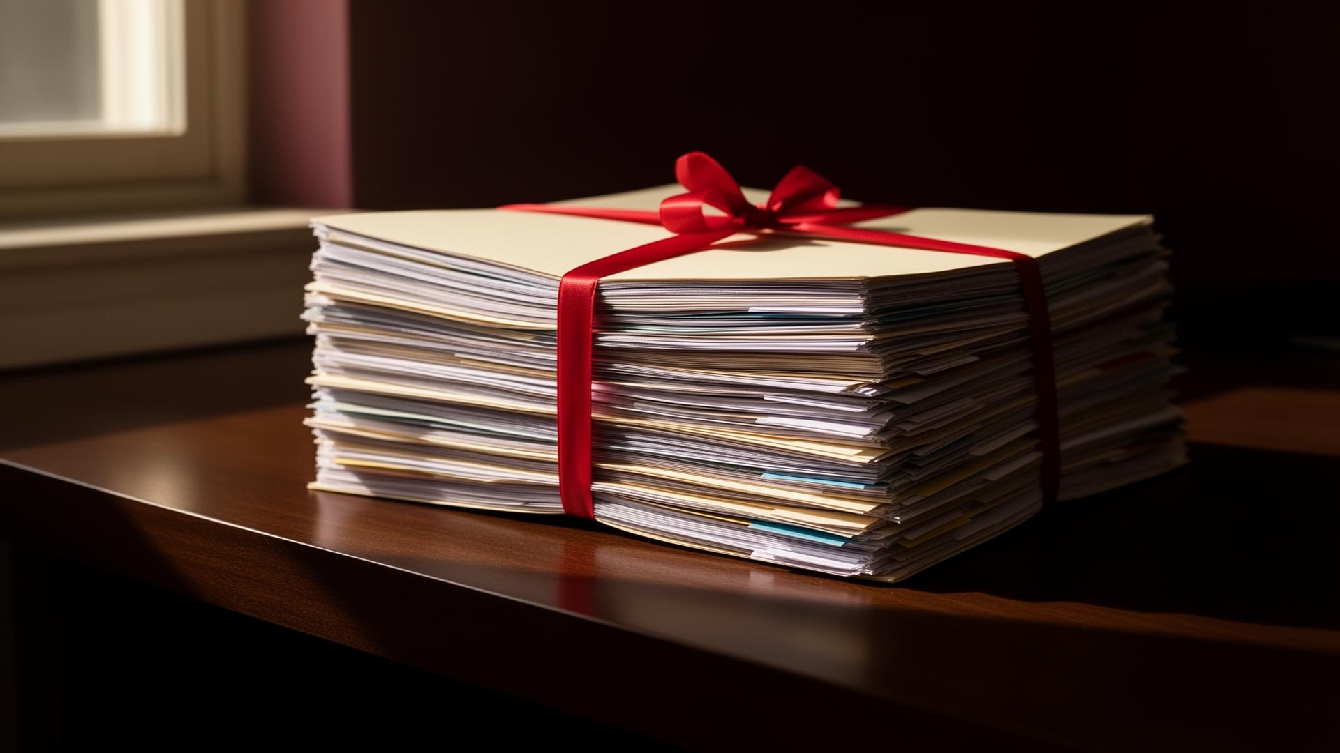 Tabbed legal bundles tied with red ribbon on a wooden desk