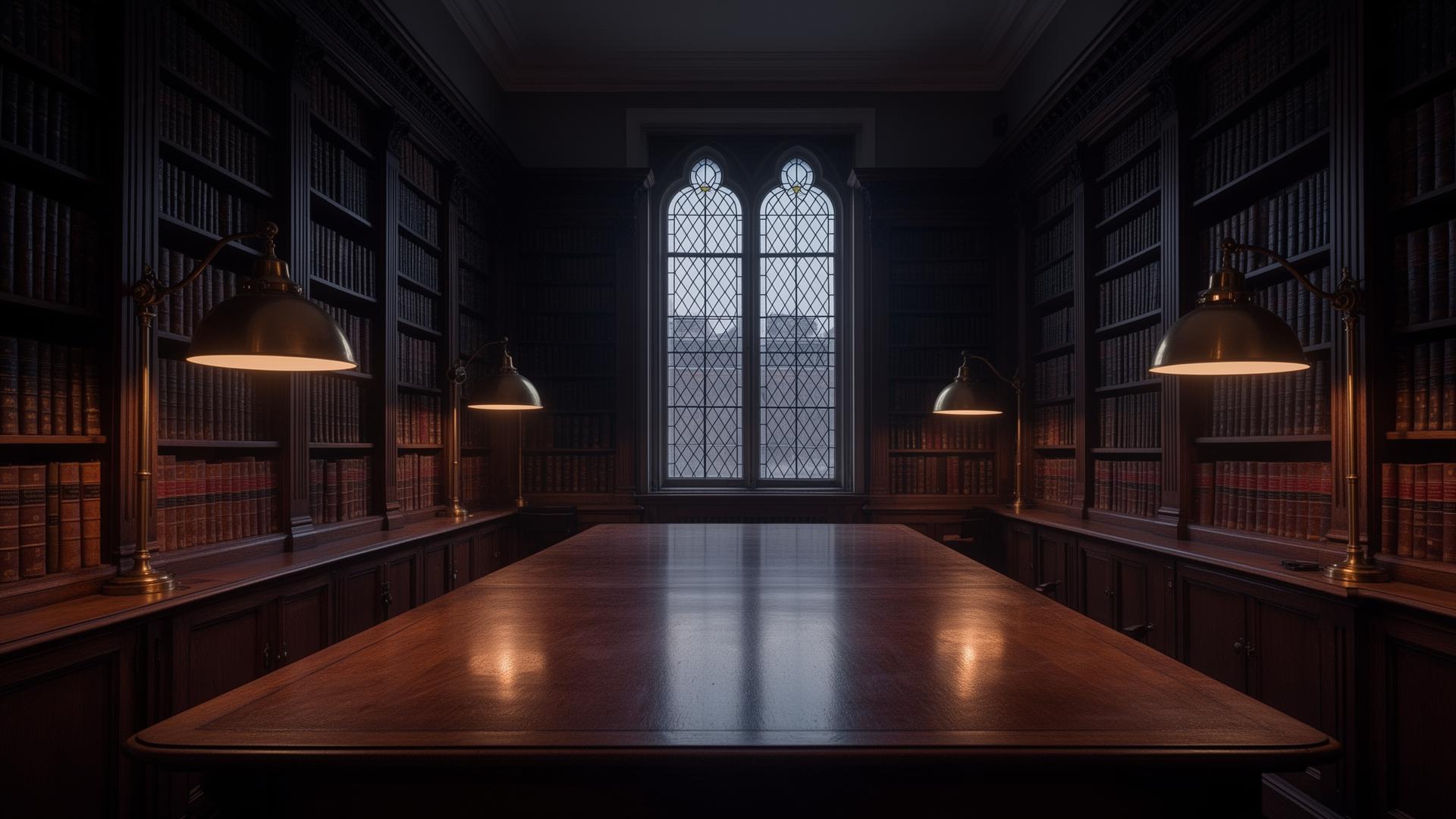 Quiet barristers' library at dusk