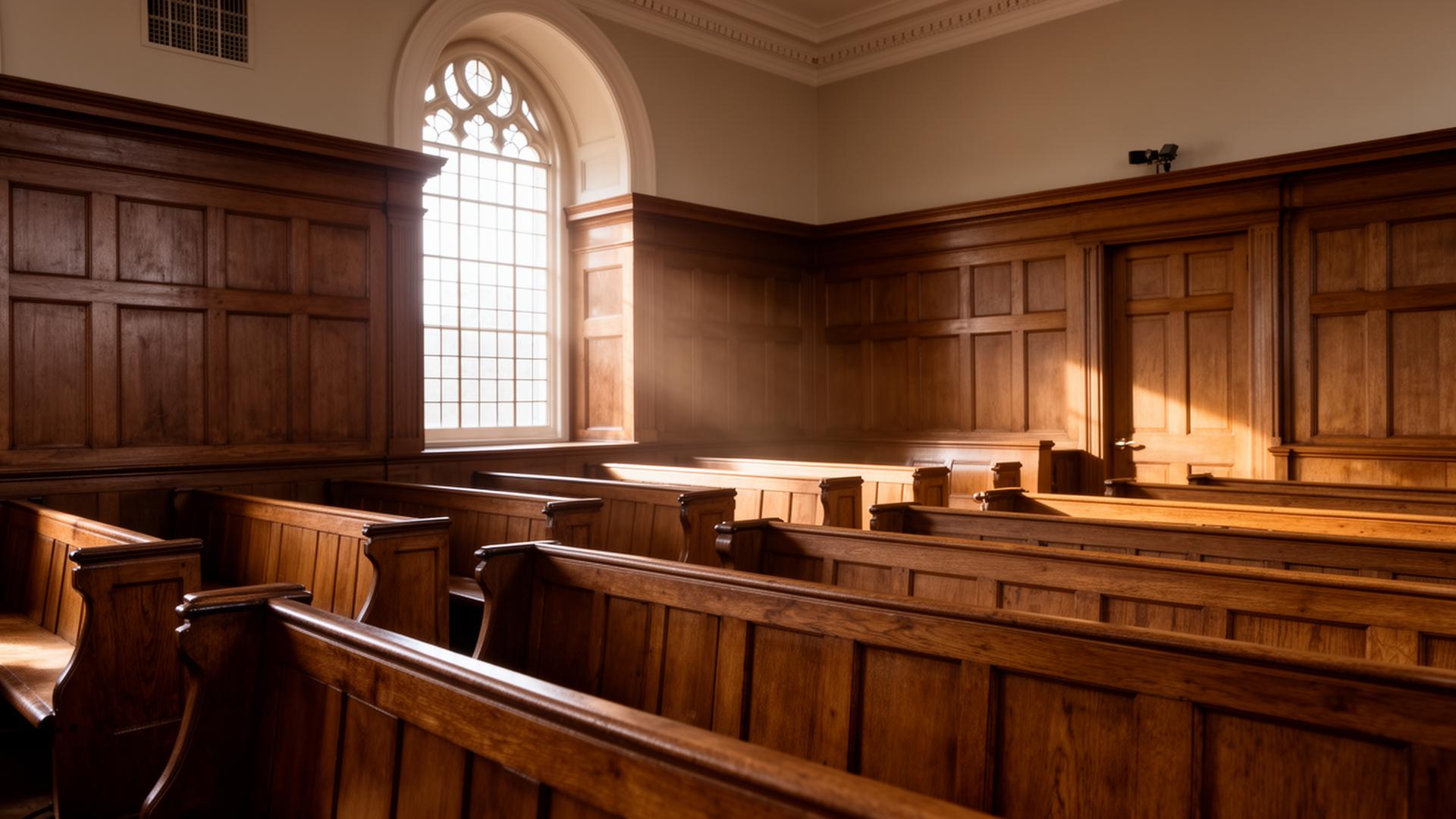 Empty oak-panelled courtroom with soft window light
